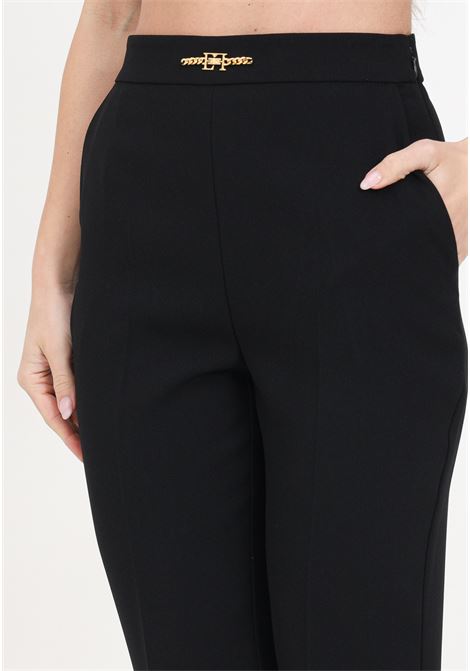 Straight black women's trousers in stretch crepe with horsebit ELISABETTA FRANCHI | PA02341E2110